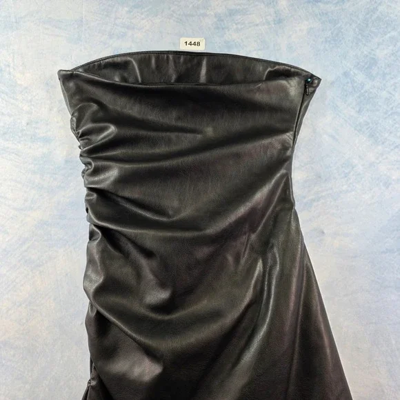 Zara Womens Black Faux Leather Ruched Strapless Mini Tube Dress Small - Picture 7 of 7